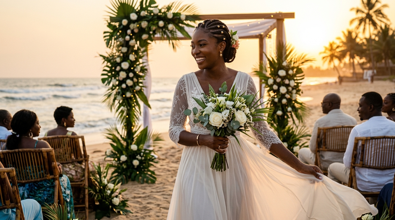 Bride in customized A-line wedding dress posing in natural light