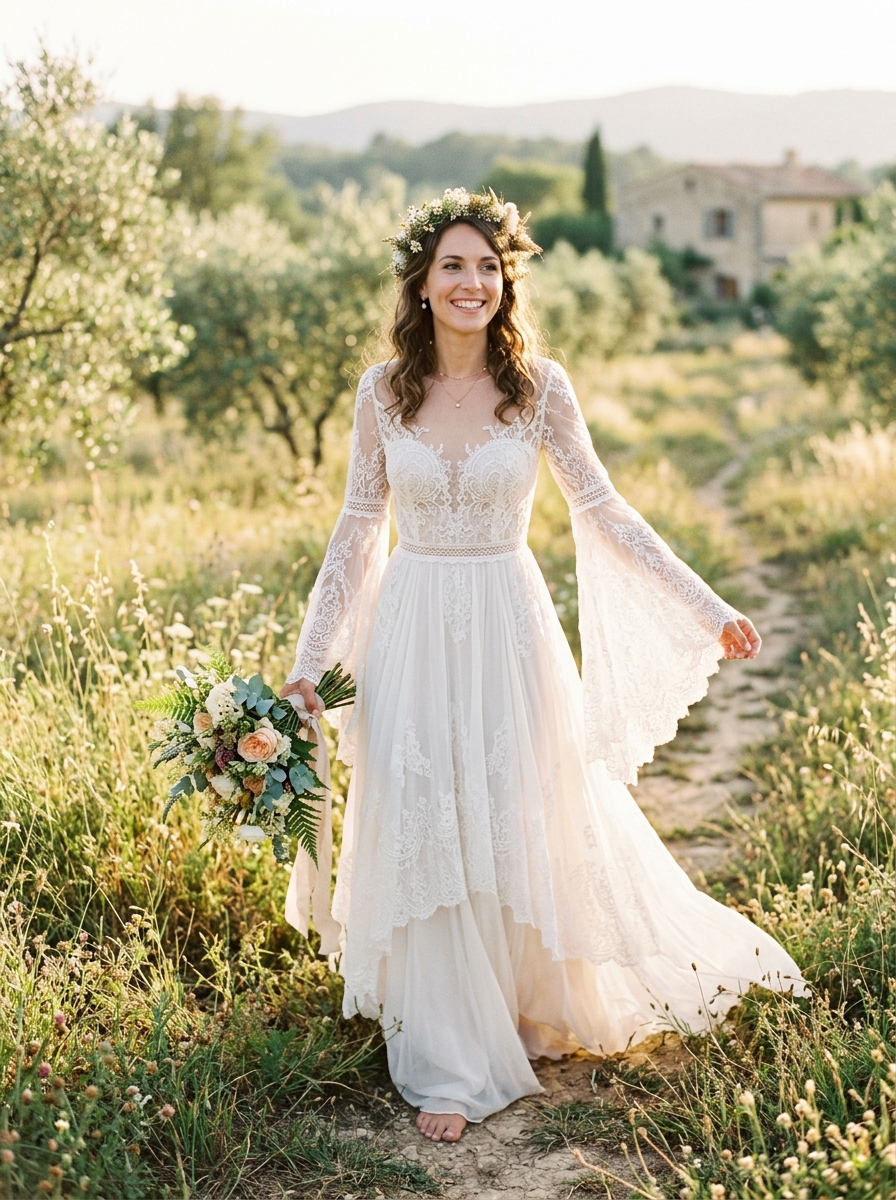 Romantic bride posing in a flowing bohemian chiffon wedding gown