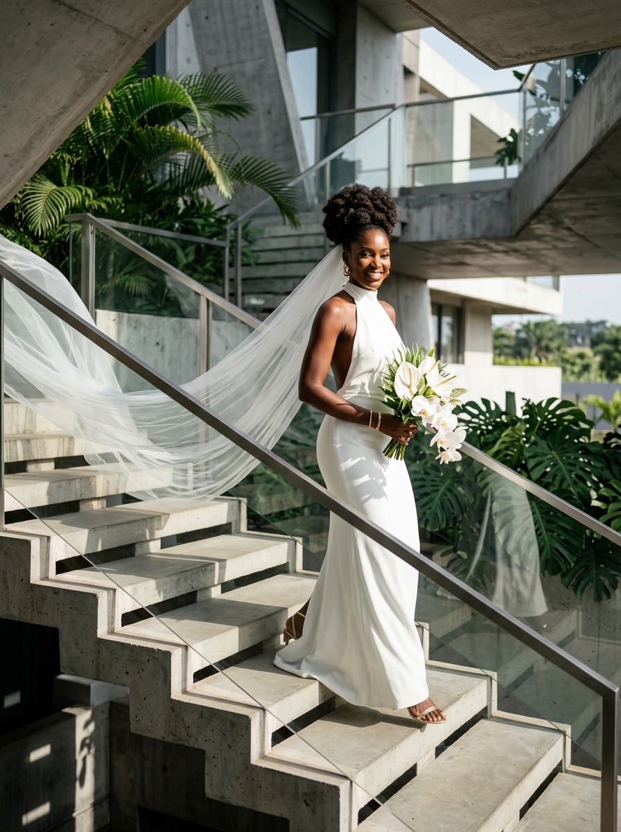 Row of ivory lace wedding dresses hanging inside luxury boutique